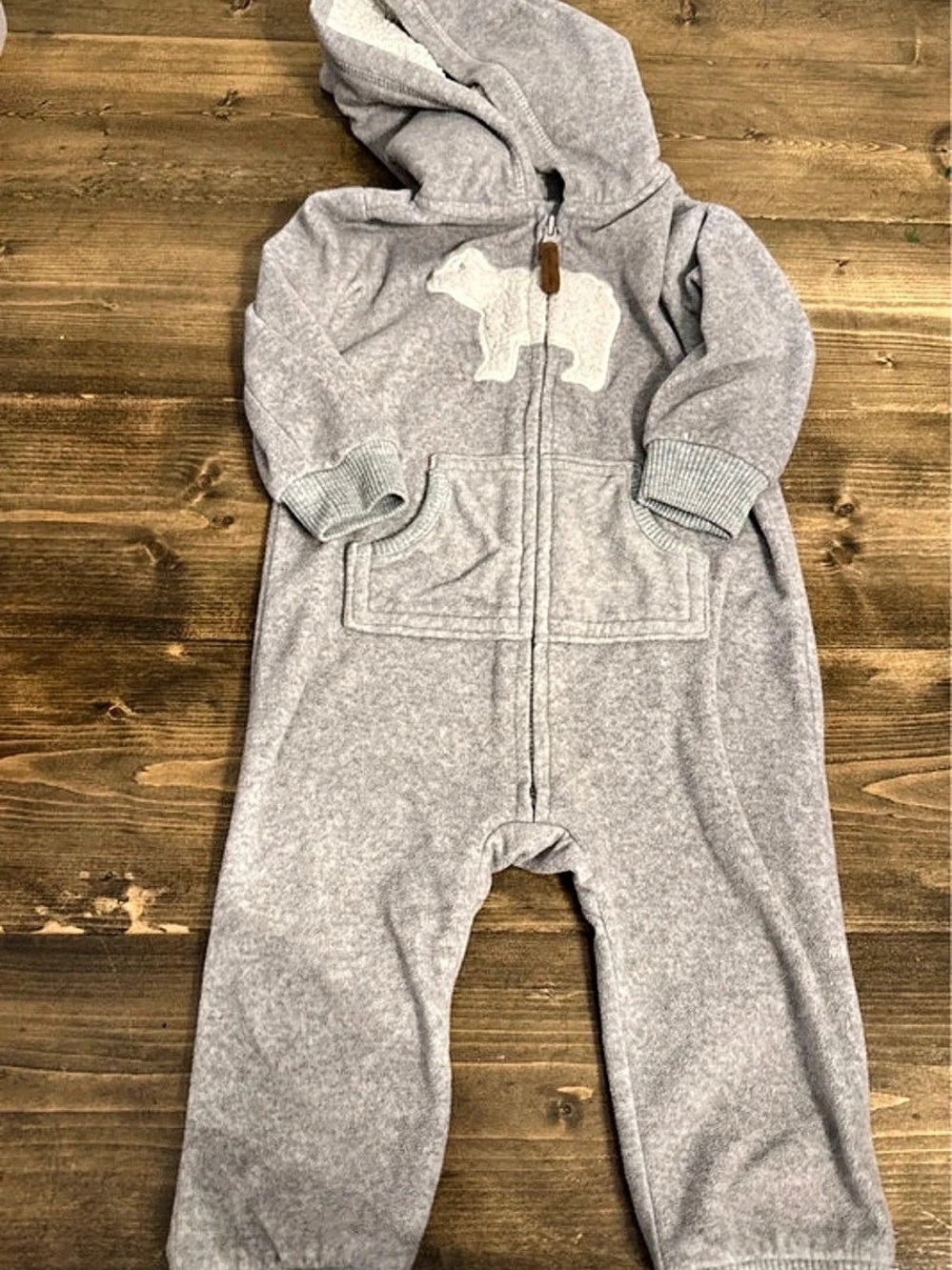 Carter's Baby Bear Hood Zip-Up Fleece Jumpsuit Gray Baby 12M